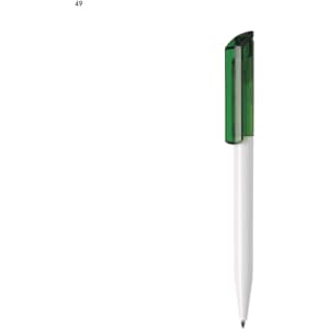 A plastic pen with a white body and a green cap, featuring a logo on the side.