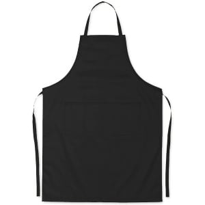 A black cotton apron with a front pocket and adjustable ties. The apron features a logo in one corner.