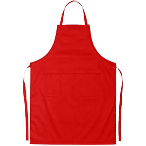 A red cotton apron with a front pocket and ties. It features a logo on the surface.