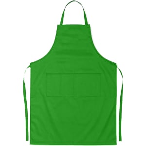A bright green junior cotton apron for ages 8-12, featuring a front pocket and adjustable ties.