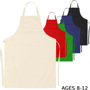 A junior cotton apron in five colours: cream, red, green, blue, and black, featuring a logo and a front pocket.