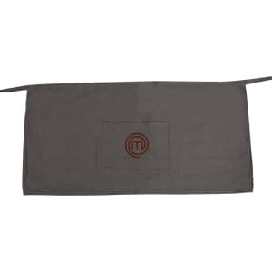 A grey waist apron featuring a central pocket and a logo, with ties on either side.