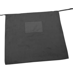 A long waist apron in dark grey, featuring a patch pocket and ties for fastening. Includes a logo on the apron.