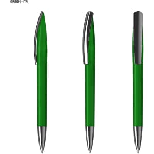 A set of green plastic pens with silver accents, featuring a sleek design and a clip for easy attachment.