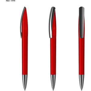 A set of three red plastic pens with silver accents and a sleek design, featuring a logo on the barrel.