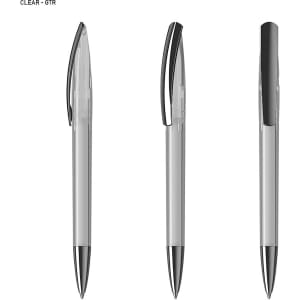 A transparent plastic pen with a black clip and silver accents, displayed from multiple angles.