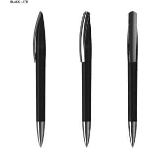 A black plastic pen with a shiny silver clip and tip, featured in three different positions.