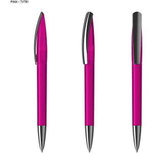 A pink plastic pen with a shiny silver clip, displayed from multiple angles. It features a sleek, transparent design.
