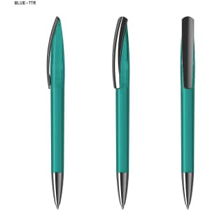 A set of three turquoise plastic pens with silver accents, featuring a logo on the barrel.