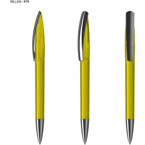 A transparent yellow plastic pen with a black clip and silver tip, shown from three angles.