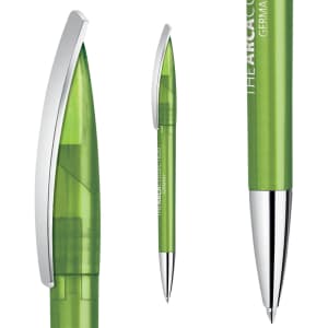 A green transparent plastic pen with a silver clip and tip, featuring a logo.