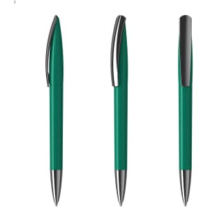 A green plastic pen with a silver clip, displayed from three angles. Features a sleek design.
