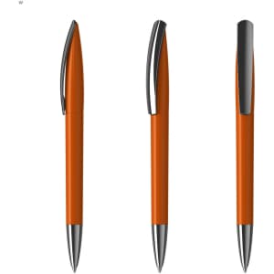 An orange plastic pen with a chrome clip, shown from multiple angles. It features a smooth, sleek design.