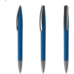 A blue plastic pen with a silver clip and tip, displayed from multiple angles. Features a logo on the barrel.