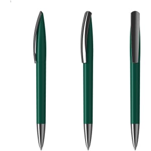 A collection of green plastic pens with silver accents and a clip, featuring multiple angles of the design.