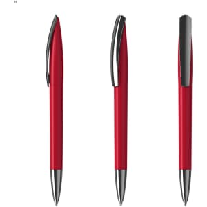 A set of three red plastic pens with chrome accents and a sleek design, featuring a branding logo.