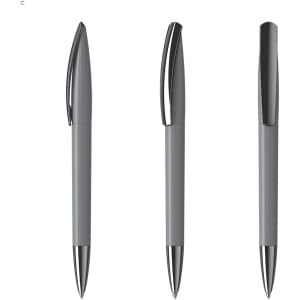 A set of grey plastic pens with a shiny silver clip and tip. The pens have a sleek and modern design.