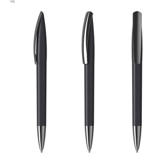 A set of metallic black plastic pens with silver accents and a sleek design, featuring a branding logo.