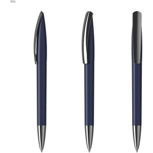 A collection of navy blue plastic pens with metallic accents, featuring a clip on each design.