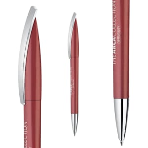 A metallic red pen with a shiny silver clip, featuring a logo on the barrel.