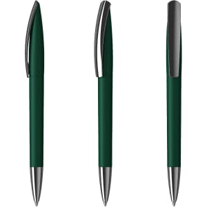 A green plastic pen with a sleek design and chrome accents, featuring a logo.