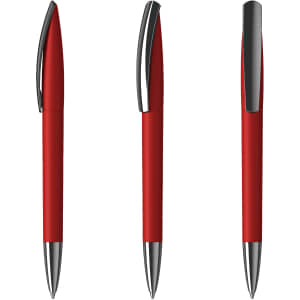 A red plastic pen with a smooth finish and metallic accents, featuring a logo on its side.