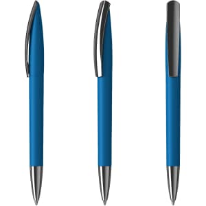 A blue plastic pen with a sleek design and silver accents, featuring a clip and a smooth finish.