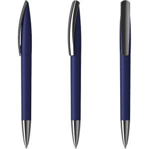 A set of navy blue plastic pens with metallic accents and a sleek design. Each pen is displayed from different angles.