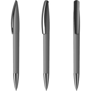 Three grey plastic pens with metallic tips and clips, featuring a sleek design and a logo on the barrel.