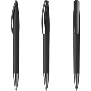 Three black plastic pens with chrome accents, featuring a sleek, modern design. Each pen has a clip and rounded end.