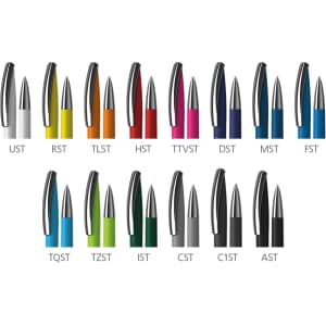 A collection of plastic pens in various colours, including white, yellow, blue, red, green, and black, with branded caps.
