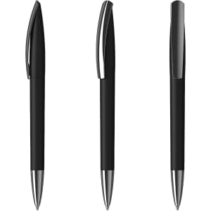 A set of three black plastic pens with shiny silver accents and clips, featuring a sleek design.