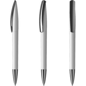 A white plastic pen with chrome accents displayed from three angles. It has a sleek design and a branded logo.