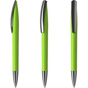 A set of green plastic pens with silver accents, showcasing different angles and a logo.