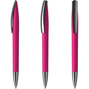 Three views of a pink plastic pen with a shiny silver clip and tip, featuring a sleek design.