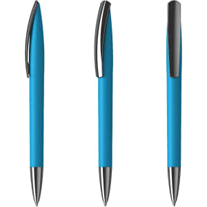 Three plastic pens in a vibrant blue colour with chrome accents, showcasing different angles. Each pen has a sleek design and a logo.