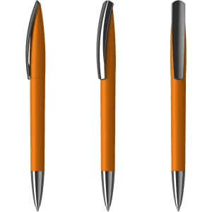 An orange plastic pen with a glossy silver clip and tip, displayed from three angles.