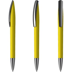 A set of three plastic pens in bright yellow with chrome accents, featuring a sleek design and an attached clip.