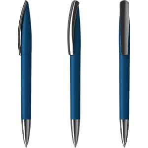 A plastic pen in a deep blue colour with a shiny silver clip and tip, featuring a branding logo.