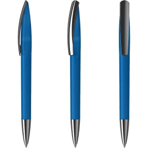 A blue plastic pen with a silver clip, showcased from three different angles.