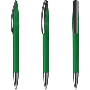 A green plastic pen with a shiny silver clip and tip, displayed from three different angles.