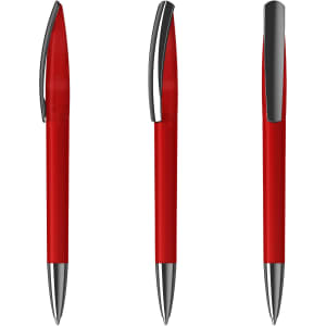 A set of three red plastic pens featuring a shiny chrome clip and accents. Each pen has a sleek, modern design.