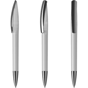 Three plastic pens featuring a soft frost white body with black accents and a logo on the side.