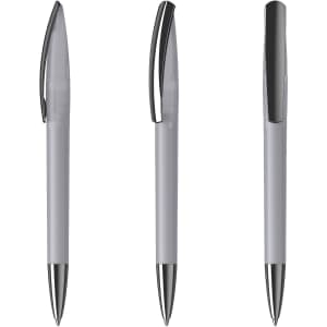 A plastic pen in light grey with black accents, featuring a sleek design and a clip. It has a branding logo.