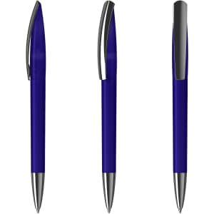 A blue plastic pen with a shiny silver clip and tip, displayed from three angles.