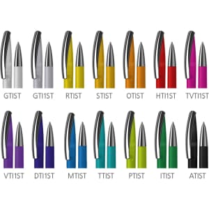 A collection of plastic pens in various colours, featuring a sleek design and a prominent logo on each pen.