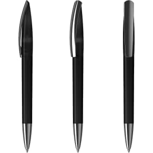 A collection of black plastic pens with metal accents, including a clip and polished tip. The pens are shown from multiple angles.