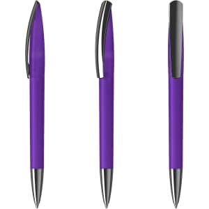 A purple plastic pen with silver accents, displayed from three different angles. It features a sleek design and a clip.