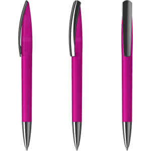 A pink plastic pen with a chrome clip and tip, displayed from three different angles. Features a simple design.