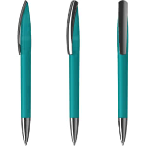 A set of turquoise plastic pens with silver accents, featuring different angles of the writing instruments and a logo.